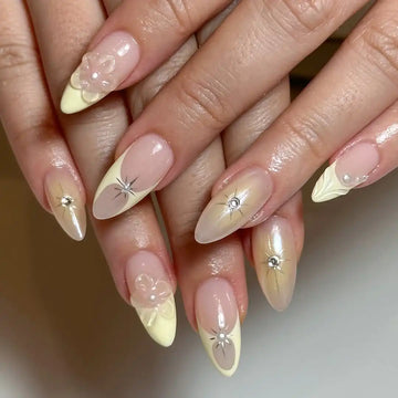 3D Florals Pearls Light Yellow French Tips Press on Nails D28