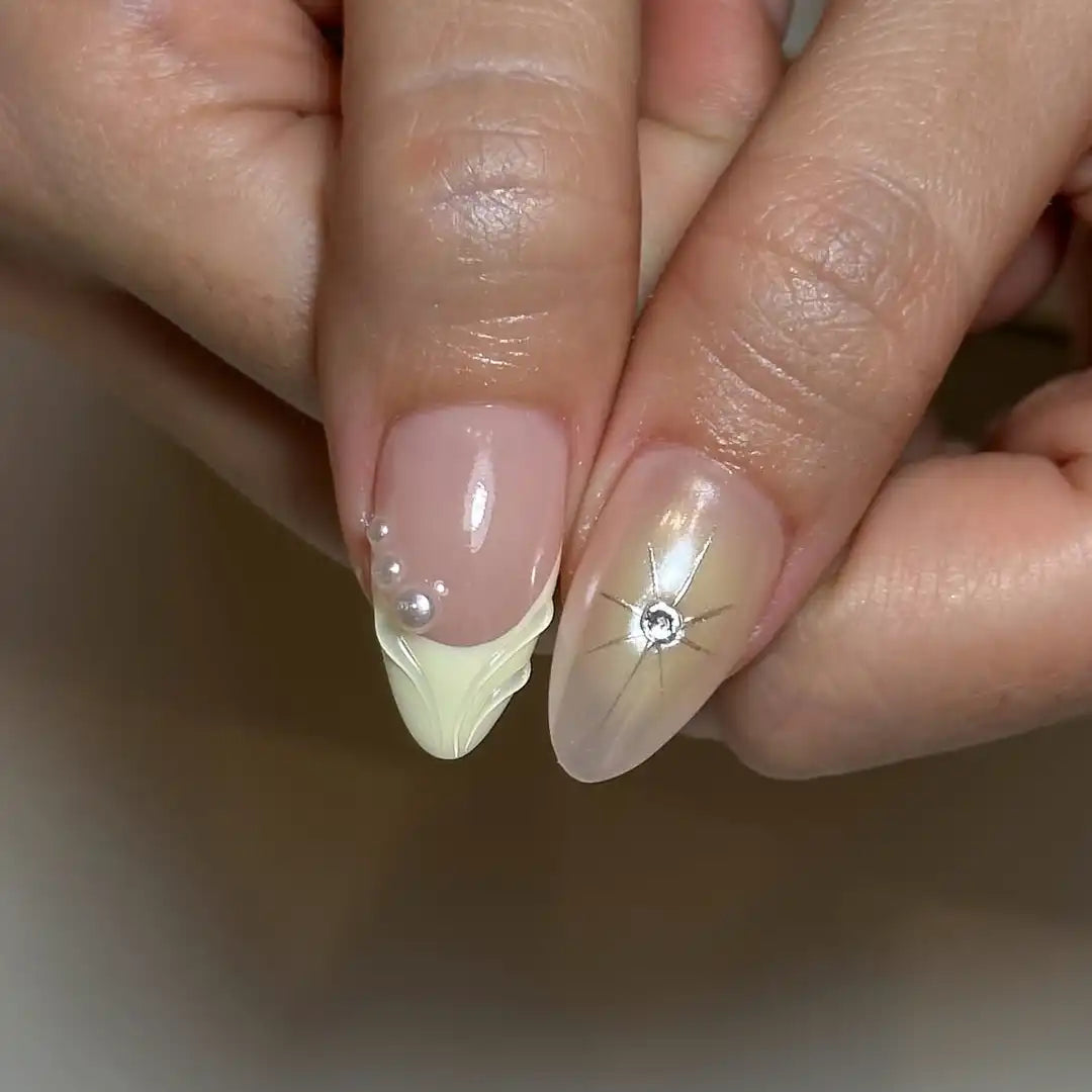 3D Florals Pearls Light Yellow French Tips Press on Nails D28