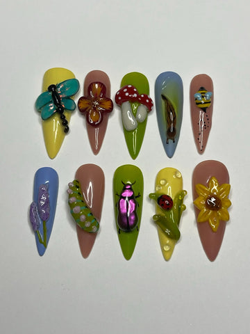 3D Lively Garden Fake Nails - Flowers Bugs Handmade Custom Design Y35