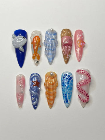 3D Lively Sea Life Press on Nails - Colorful Handmade Custom Design