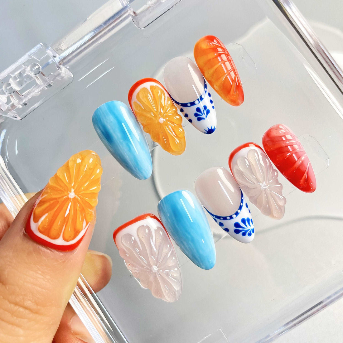 Handmade Fun Fruit Reusable Summer Press on Nails - Colorful Orange Design