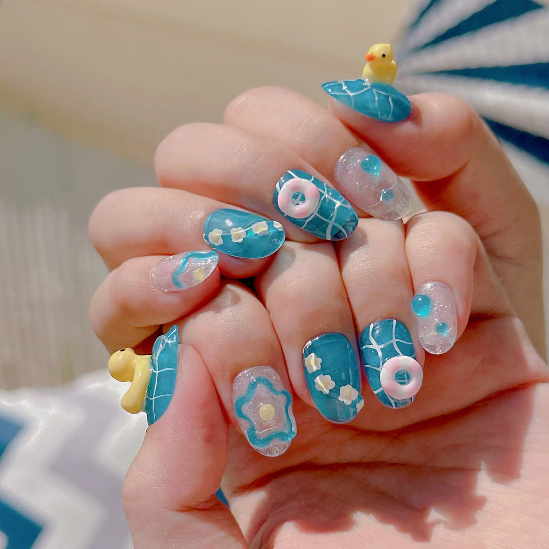 Yellow Duck Handmade Press on Nails - Pool Party Cute Summer 3D Fingernails E98