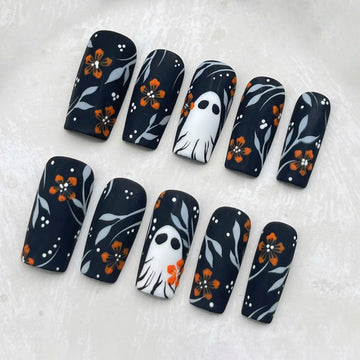 Handmade Fall Floral Ghost Dot Black Orange Halloween Press on Nails H60