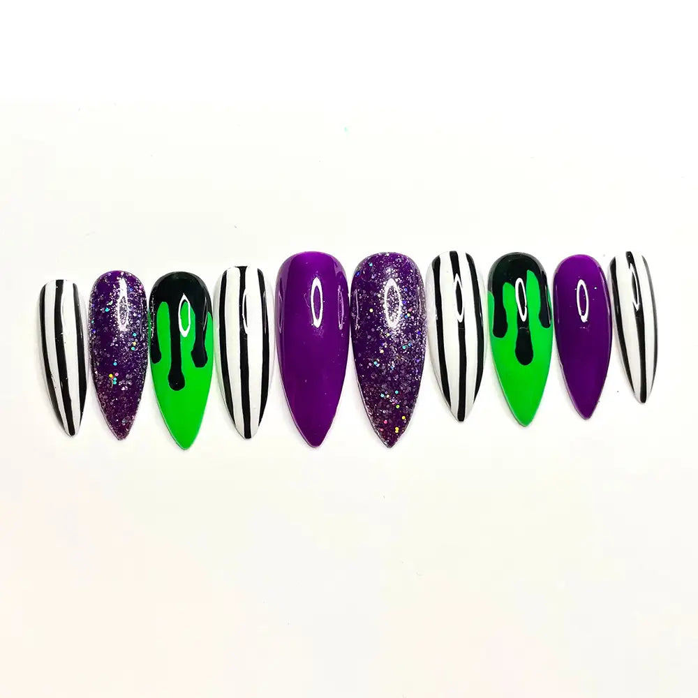 Beetlejuice Halloween Press on Nails - Purple Green Black Glitter Fingernails P39