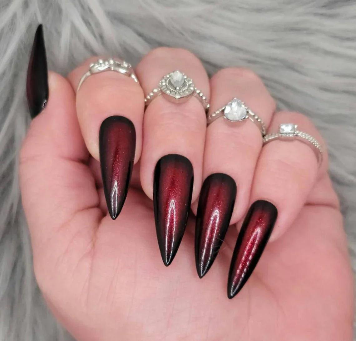 Handmade Black and Red Ombre Goth Press on Nails A22 XL Stiletto / M (17mm-13mm-14mm-12mm-10mm)