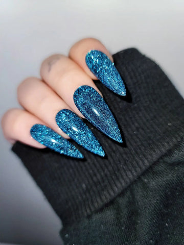 Blue Super Glitter Glossy Handmade Press on Nails - Luxury Reusable Fingernails E42