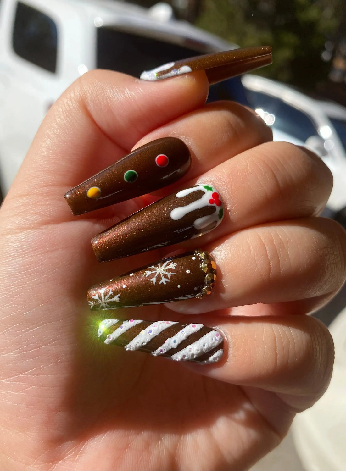 Christmas Gingerbread Nails in Brown - Winter Handmade Fake Fingernails A88