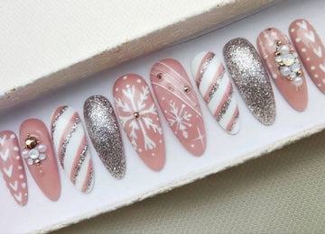 Christmas Glitter Snowflake Pink Press on Nails - Handmade Fingernails