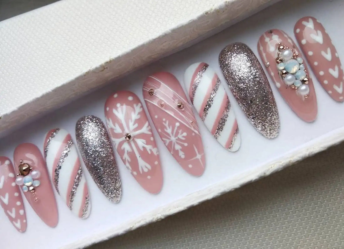 Christmas Glitter Snowflake Pink Press on Nails - Handmade Fingernails T11