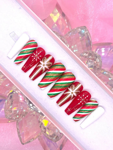 Christmas Glitter Snowflake in Red and Green Press On Nails - Handmade Fake Fingernails