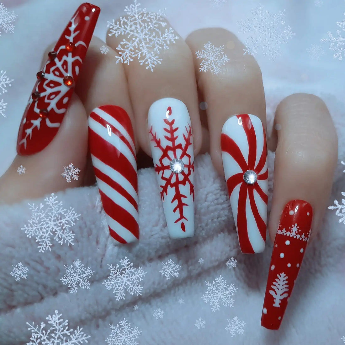 Christmas Snowflake Candy Canes Press on Nails - Handmade Fingernails H07