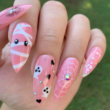 Cute and Spooky Pink Ghost Mummy Halloween Press on Nails - Handmade Fingernails G69