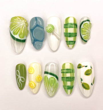 Summer Green and White Lemon Lime Handmade Press On Nails R85