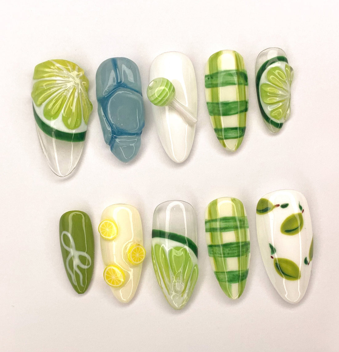 Summer Green and White Lemon Lime Handmade Press On Nails R85
