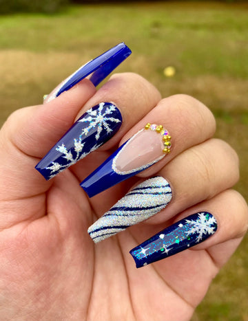 Deep Blue Glitter Diamond Snow Christmas Press on Nails - Handmade Fingernails U74