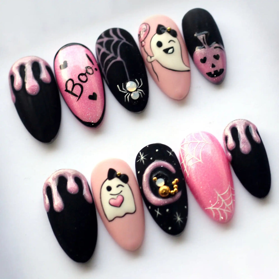 Girly Ghost Pink & Black Halloween Press on Nails - Cute Boo Night Fingernails G71