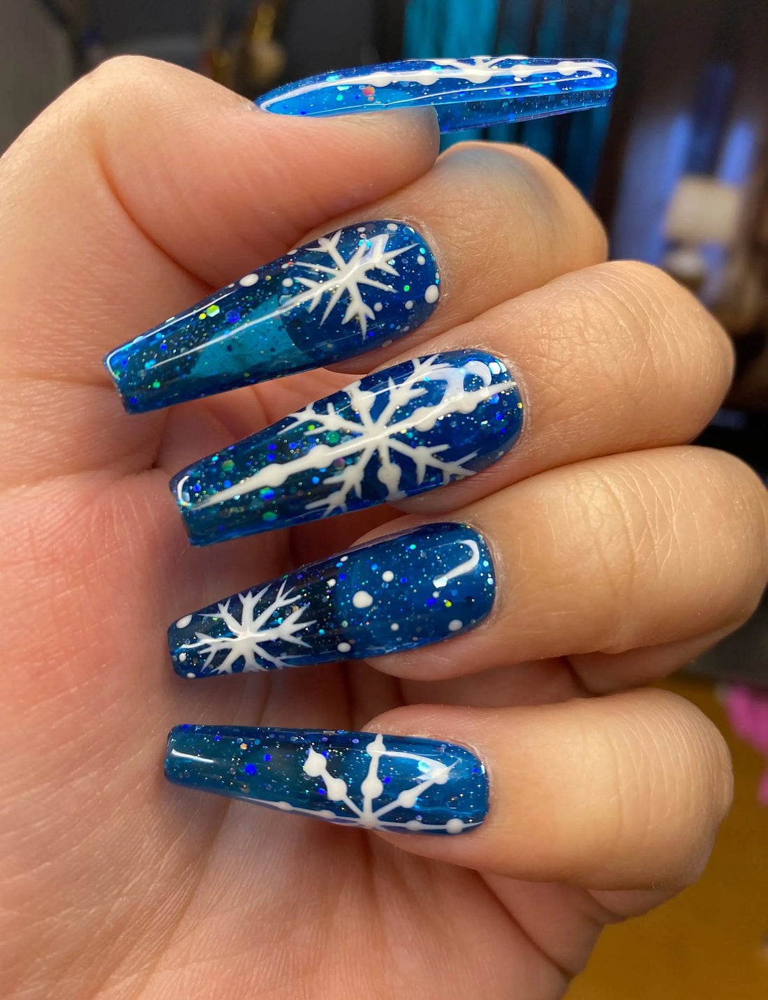 Glitter Blue Snowflake Christmas Press On Nails - Handmade Fingernails H12
