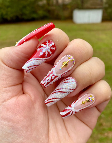 Glitter Diamond Snow in Red Christmas Press on Nails - Handmade Fingernails N81
