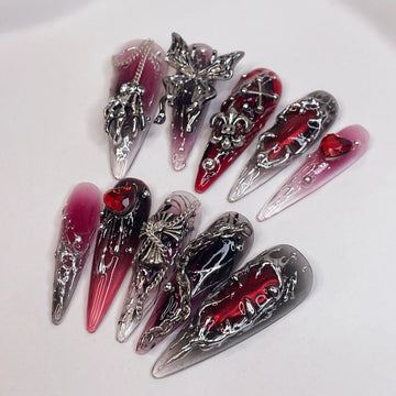 Gothic Cross Silver Charms Halloween Press on Nails - Red & Black Fingernails Q03