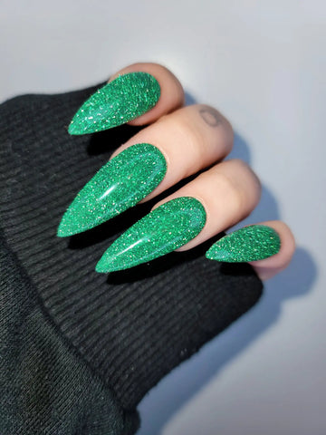 Green Super Glitter Glossy Handmade Press on Nails - Luxury Reusable Fingernails H29
