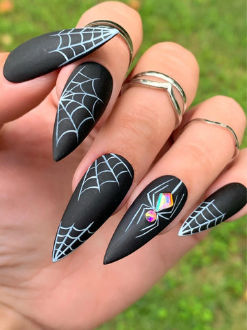 Halloween Sparkle Spider Web Press on Nails - Spooky Black Fingernails Q72