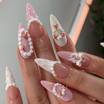 Handmade 3D Blush Vintage Florals Ribbon White and Pink Press on Nails V76
