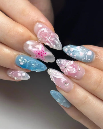 Handmade 3D Floral Seashell Blue Pink Mermaid Dreamy Press on Nails B18