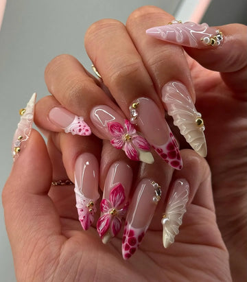 Handmade 3D Floral Textured Pink White French Tip Pearl Press on Nails A73