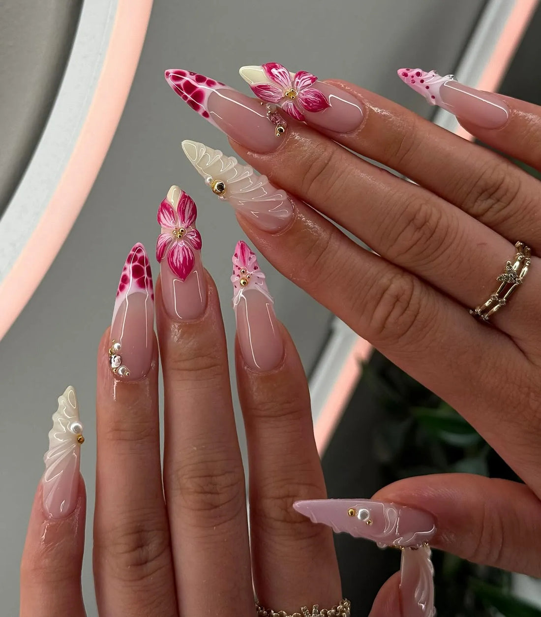 Handmade 3D Floral Textured Pink White French Tip Pearl Press on Nails A73