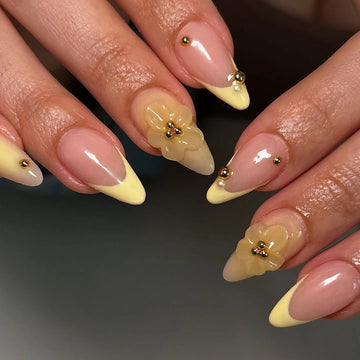 Handmade 3D Floral Yellow French Tip Gold Pearl Press on Nails P36