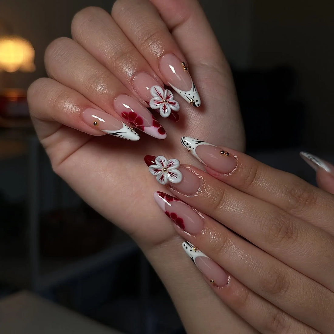 Handmade 3D Flower Red White Black Dot French Tip Press on Nails M69