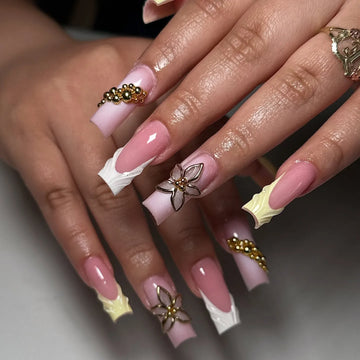 Handmade 3D Flower White Yellow French Tip Gold Press on Nails W25