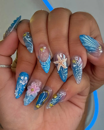 Handmade 3D Ocean Bloom Starfish Seashell Blue Summer Reusable Press on Nails P70