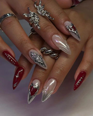 Handmade 3D Pearl Chrome and Red Gothic Heart Press on Nails A24