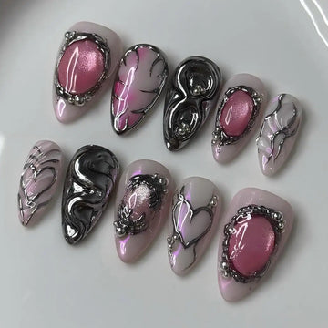 Handmade 3D Pink Black Chrome Abstract Gothic Press on Nails W36