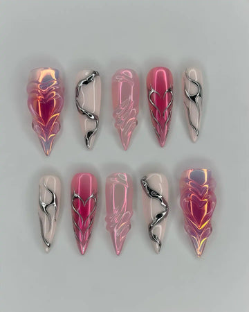 Handmade 3D Pink Chrome Heart Snake Y2K Reusable Press on Nails N12