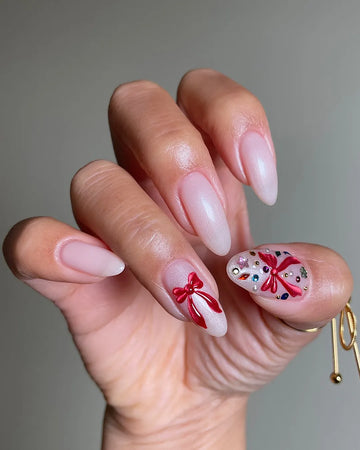 Handmade 3D Red Ribbon Bow Jewel Gemstone Festive Pink Press on Nails Z03