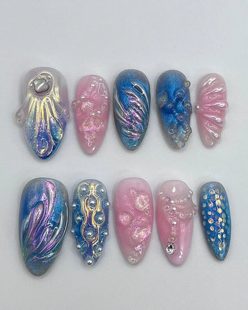 Handmade 3D Seashell Mermaid Blue Pink Chrome Press on Nails H76
