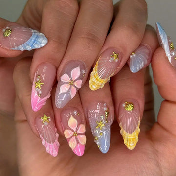Handmade 3D Seashell Pearl Starfish Pastel Mermaid Press on Nails W65