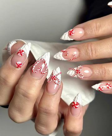 Handmade 3D Sweater Candy Cane Bow Red White Holiday Press on Nails V07