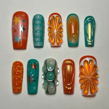 Handmade Abstract Citrus Star Teal Ocean Water Drop Press on Nails E14