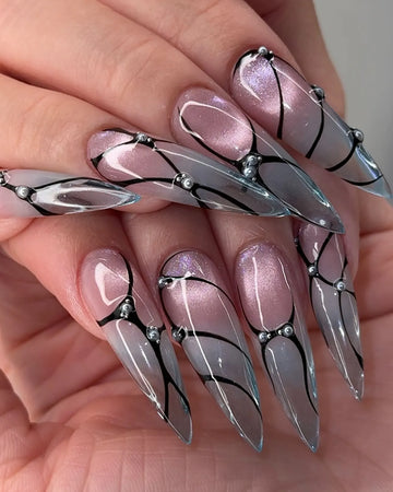 Handmade Abstract Pink Chrome Silver Modern Press on Nails B01