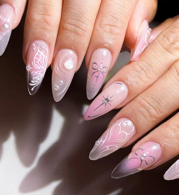 Handmade Beautiful Pink Ribbon With Pearls and Butterfly Press-on Nails R42