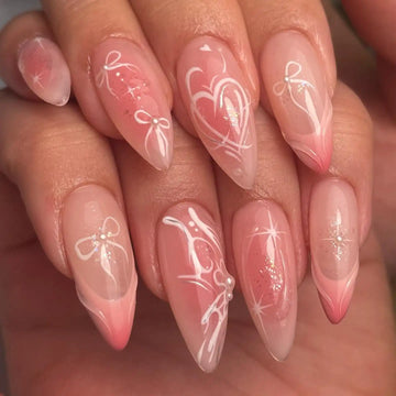 Handmade Beautiful White Liners in Pink Press-on Nails H18
