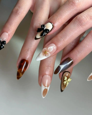 Handmade Black Ribbon 3D Flowers and Gold Press on Nails M81