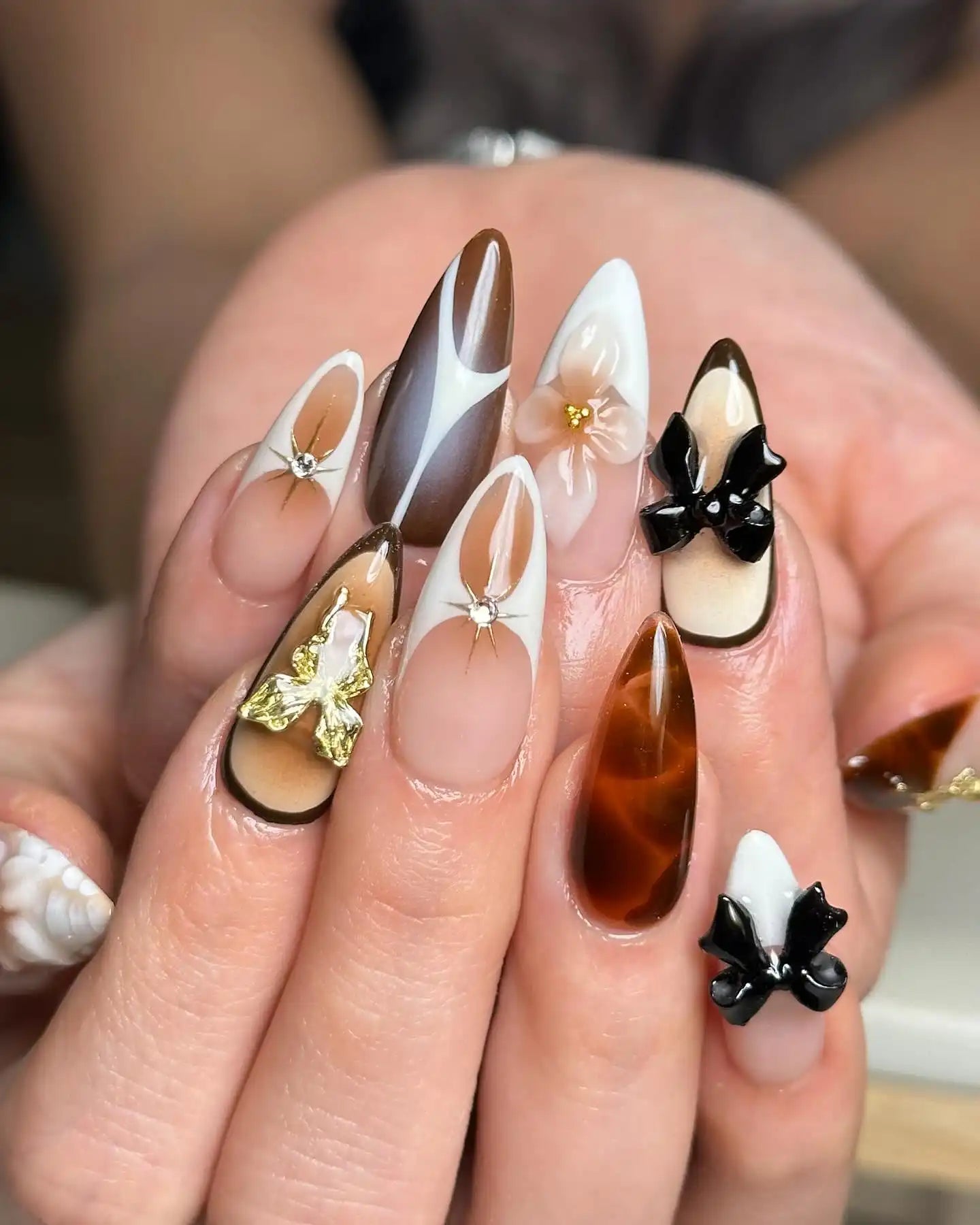 slim fit dress slacks Handmade Black Ribbon 3D Flowers and Gold Press on Nails M81