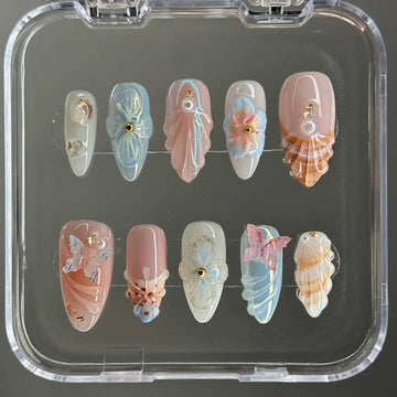 Handmade Blossom Seashell Butterfly 3D Press on Nails W98