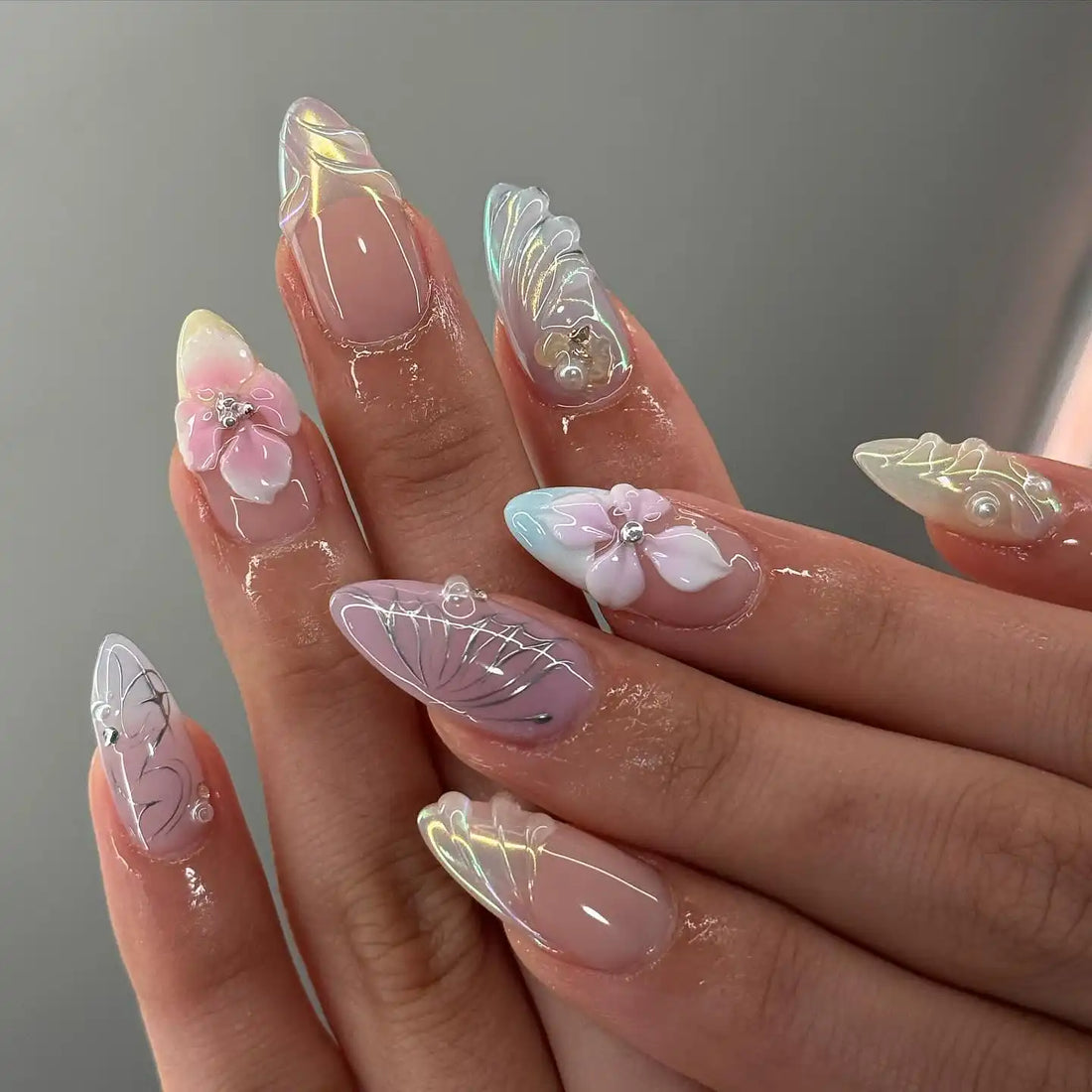 Handmade Blossom Silver Butterfly 3D Press on Nails W86