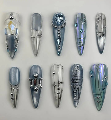 Handmade Blue Chrome Jewel Silver Metallic Glam Press on Nails V25