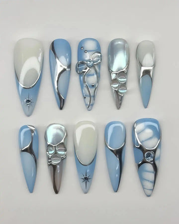 Handmade Blue Chrome Silver Bow Star Charm Fantasy Press on Nails A29